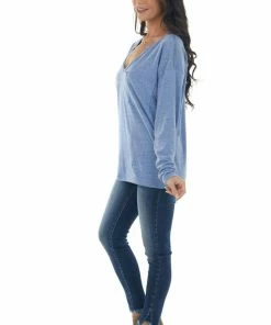 BiBi Tops Heathered Blue Notch Neck Chest Pocket Top 23 BiBi Tops Heathered Blue Notch Neck Chest Pocket Top
