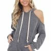 143 Story Heathered Charcoal Fleece Lined Hoodie With Cold Shoulder