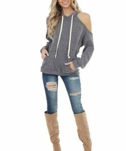 143 Story Heathered Charcoal Fleece Lined Hoodie With Cold Shoulder
