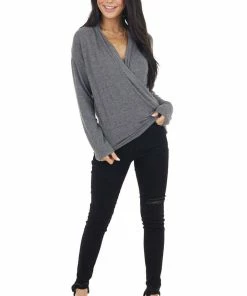Cherish Tops Heathered Charcoal Wrapped Surplice Long Sleeve Knit Top