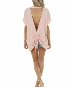 Trend Notes Heathered Coral Cut Out Back Knit Top With Ruching Detail