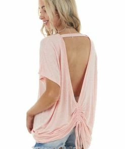 Trend Notes Heathered Coral Cut Out Back Knit Top With Ruching Detail