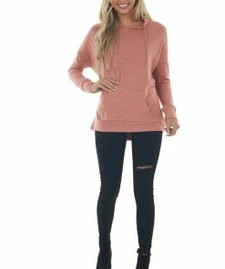 ANGIE Heathered Coral Kangaroo Pouch Knit Hoodie 19 ANGIE Heathered Coral Kangaroo Pouch Knit Hoodie