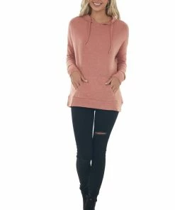 ANGIE Heathered Coral Kangaroo Pouch Knit Hoodie 18 ANGIE Heathered Coral Kangaroo Pouch Knit Hoodie