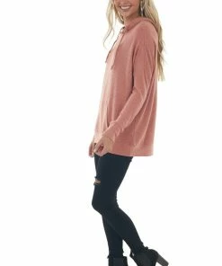 ANGIE Heathered Coral Kangaroo Pouch Knit Hoodie 20 ANGIE Heathered Coral Kangaroo Pouch Knit Hoodie