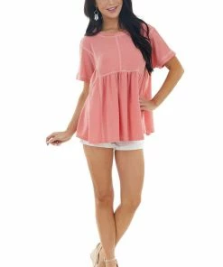 Ces Femme Heathered Coral Short Sleeve Knit Top With Exposed Stitching Tops