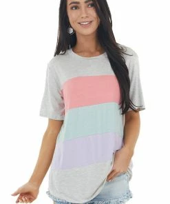 143 Story Heathered Dove Colorblock Knit Top With Short Sleeves Tops