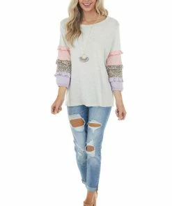 Vanilla Bay Tops Heathered Dove Grey Knit Top With Multi Pattern Sleeves