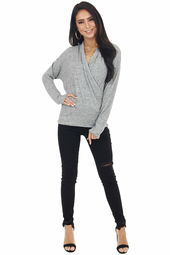 Cherish Heathered Dove Wrapped Surplice Long Sleeve Knit Top 4 Cherish Heathered Dove Wrapped Surplice Long Sleeve Knit Top