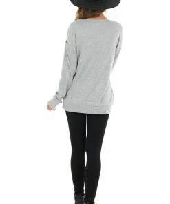 Lime Lush Tops Heathered Grey Long Sleeve Knit Top With Black Lace Details