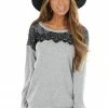 Lime Lush Tops Heathered Grey Long Sleeve Knit Top With Black Lace Details