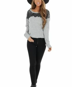 Lime Lush Tops Heathered Grey Long Sleeve Knit Top With Black Lace Details
