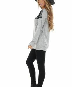 Lime Lush Tops Heathered Grey Long Sleeve Knit Top With Black Lace Details
