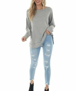 Jodifl Tops Heathered Grey Soft Long Sleeve Curved Hem Top