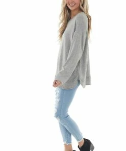 Jodifl Tops Heathered Grey Soft Long Sleeve Curved Hem Top