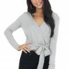 Cherish Tops Heathered Grey V Neck Long Sleeve Surplice Top With Wrap