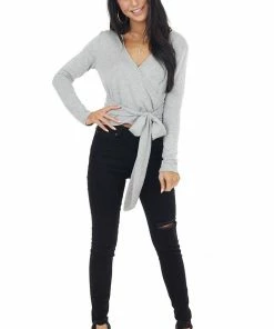 Cherish Tops Heathered Grey V Neck Long Sleeve Surplice Top With Wrap