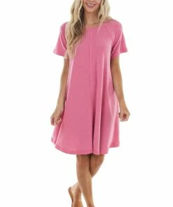 Ces Femme Heathered Hibiscus Short Swing Dress With Raw Edge Details