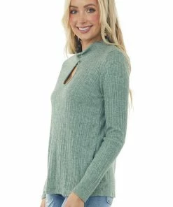 BiBi Heathered Juniper Mock Neck Long Sleeve Knit Top