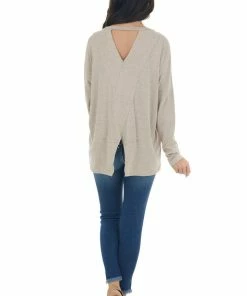143 Story Tops Heathered Latte Criss Cross Back Cut Out Top