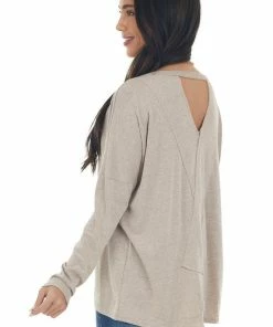 143 Story Tops Heathered Latte Criss Cross Back Cut Out Top