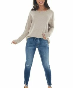 143 Story Tops Heathered Latte Criss Cross Back Cut Out Top