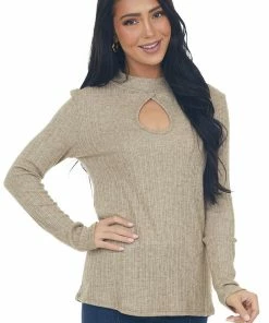 BiBi Tops Heathered Latte Mock Neck Long Sleeve Knit Top