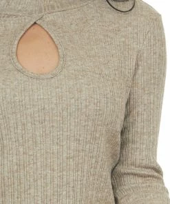 BiBi Tops Heathered Latte Mock Neck Long Sleeve Knit Top