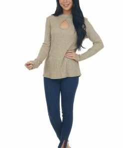 BiBi Tops Heathered Latte Mock Neck Long Sleeve Knit Top