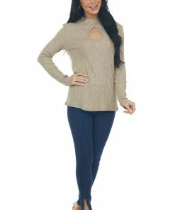 BiBi Tops Heathered Latte Mock Neck Long Sleeve Knit Top