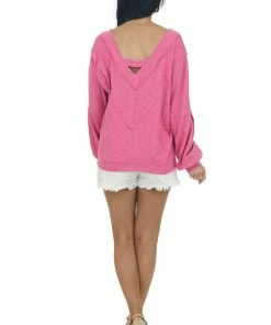 143 Story Heathered Magenta Raw Edge V Neck Knit Top