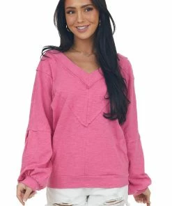 143 Story Heathered Magenta Raw Edge V Neck Knit Top