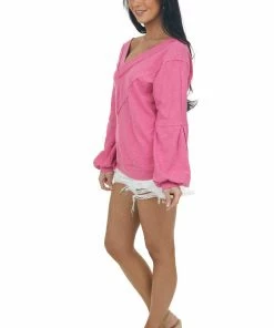 143 Story Heathered Magenta Raw Edge V Neck Knit Top