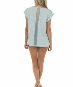 Doe & Rae Heathered Mint Short Sleeve Knit Top With Netting Details Tops
