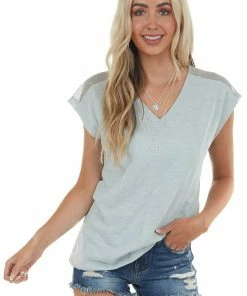 Doe & Rae Heathered Mint Short Sleeve Knit Top With Netting Details Tops