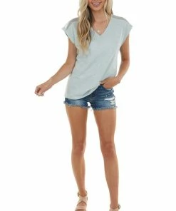 Doe & Rae Heathered Mint Short Sleeve Knit Top With Netting Details Tops