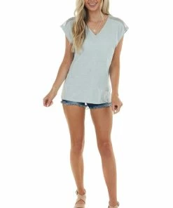 Doe & Rae Heathered Mint Short Sleeve Knit Top With Netting Details Tops