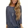 Kye Mi Heathered Navy Blue 3/4 Sleeve Top With Twisted Hem Detail