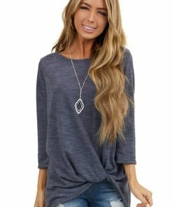 Kye Mi Heathered Navy Blue 3/4 Sleeve Top With Twisted Hem Detail