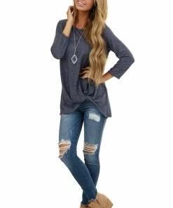 Kye Mi Heathered Navy Blue 3/4 Sleeve Top With Twisted Hem Detail