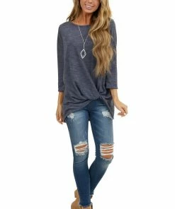 Kye Mi Heathered Navy Blue 3/4 Sleeve Top With Twisted Hem Detail