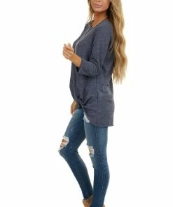 Kye Mi Heathered Navy Blue 3/4 Sleeve Top With Twisted Hem Detail