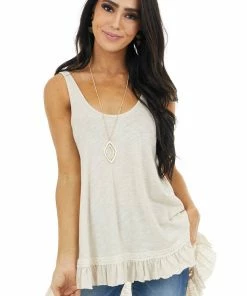 ANGIE Heathered Oatmeal Knit Tank Top With Ruffle Details