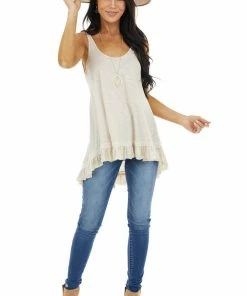ANGIE Heathered Oatmeal Knit Tank Top With Ruffle Details