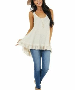 ANGIE Heathered Oatmeal Knit Tank Top With Ruffle Details