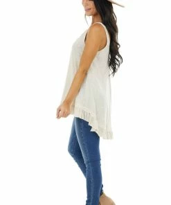 ANGIE Heathered Oatmeal Knit Tank Top With Ruffle Details