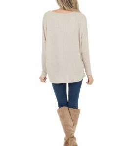 HOPELY Heathered Oatmeal V Neck Knit Top With Long Dolman Sleeves Tops