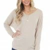 HOPELY Heathered Oatmeal V Neck Knit Top With Long Dolman Sleeves Tops