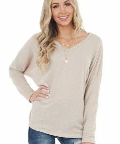 HOPELY Heathered Oatmeal V Neck Knit Top With Long Dolman Sleeves Tops