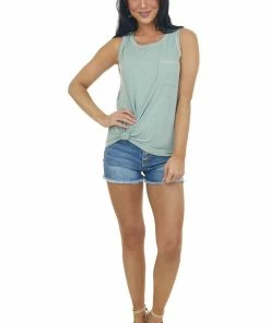 Staccato Tops Heathered Sage Chest Pocket Tank Top